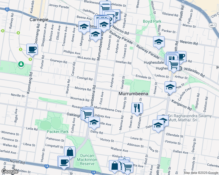 map of restaurants, bars, coffee shops, grocery stores, and more near 7 Kangaroo Road in Murrumbeena