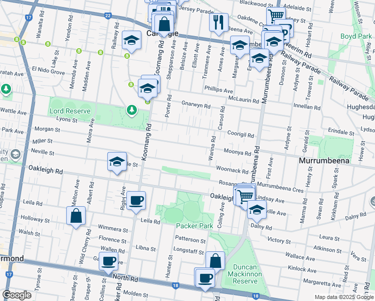 map of restaurants, bars, coffee shops, grocery stores, and more near 31 Moonya Road in Carnegie