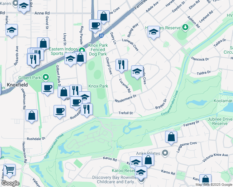 map of restaurants, bars, coffee shops, grocery stores, and more near 6 Homer Court in Ferntree Gully