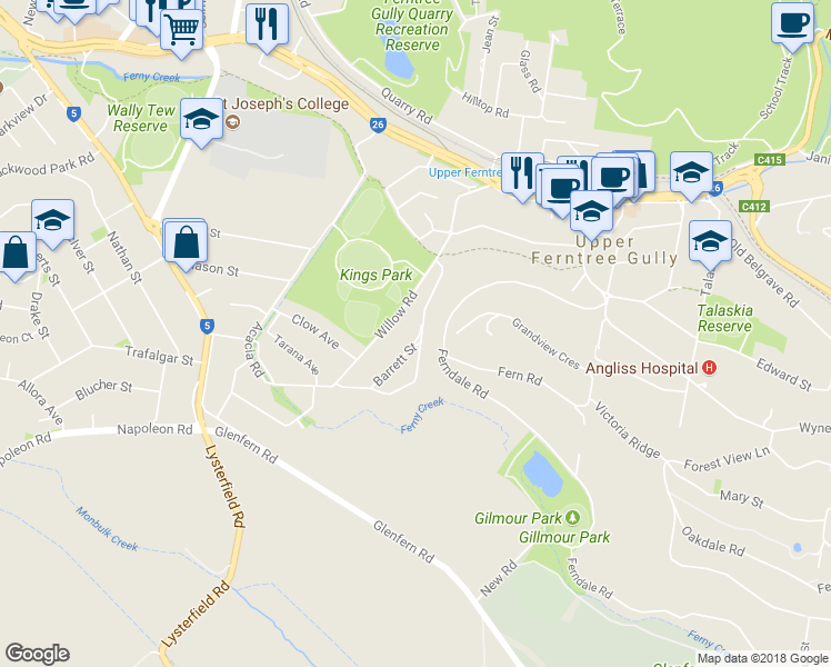 map of restaurants, bars, coffee shops, grocery stores, and more near 2 Barrett Street in Upper Ferntree Gully