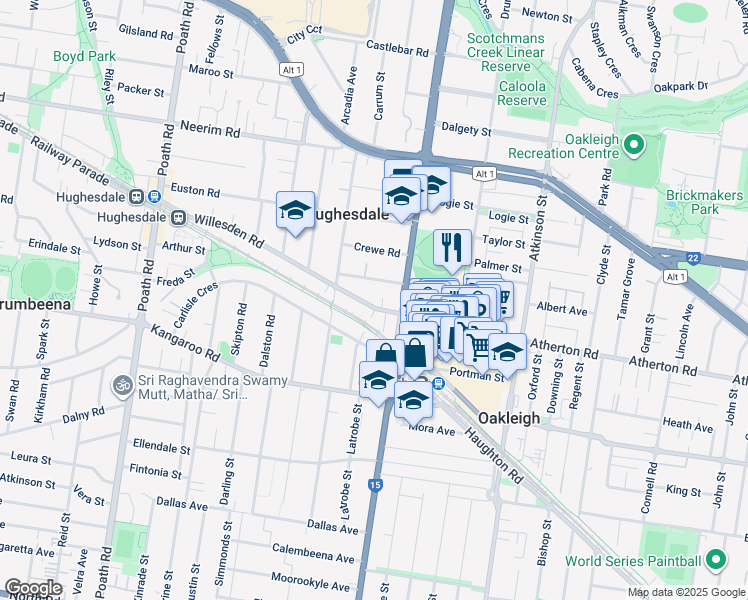 map of restaurants, bars, coffee shops, grocery stores, and more near 105 Willesden Road in Hughesdale