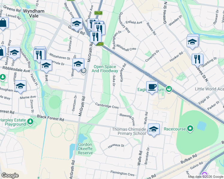 map of restaurants, bars, coffee shops, grocery stores, and more near 21 Iluka Drive in Werribee