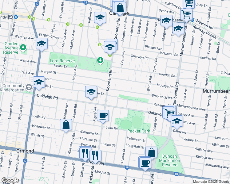 map of restaurants, bars, coffee shops, grocery stores, and more near 5 Woornack Road in Carnegie