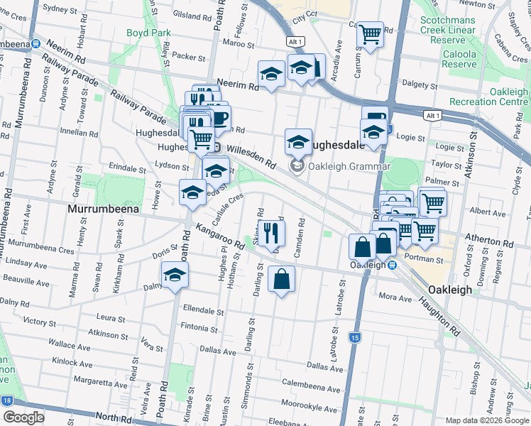map of restaurants, bars, coffee shops, grocery stores, and more near 6 Skipton Road in Hughesdale