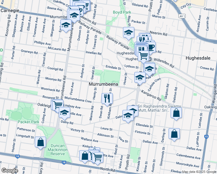 map of restaurants, bars, coffee shops, grocery stores, and more near 52A Kangaroo Road in Murrumbeena