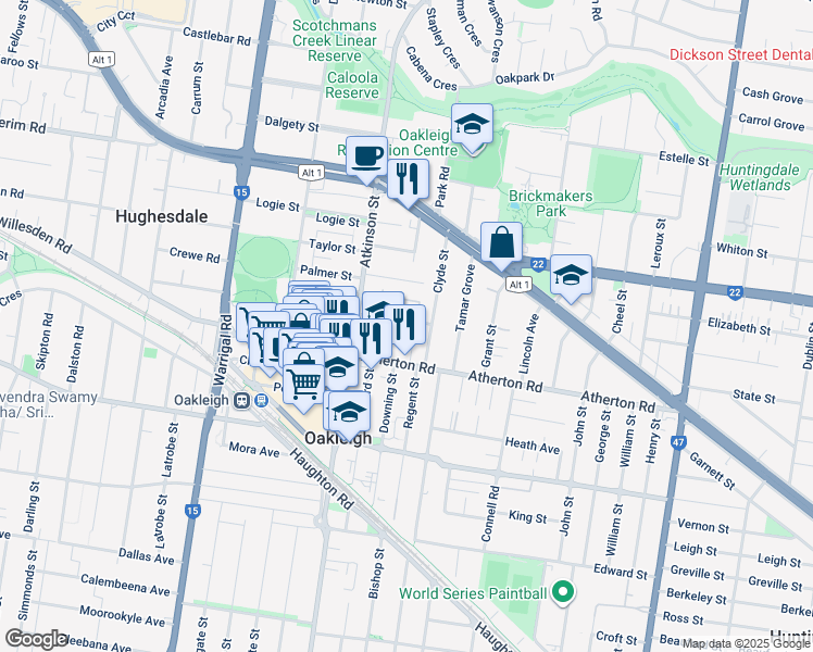 map of restaurants, bars, coffee shops, grocery stores, and more near 10 Albert Avenue in Oakleigh