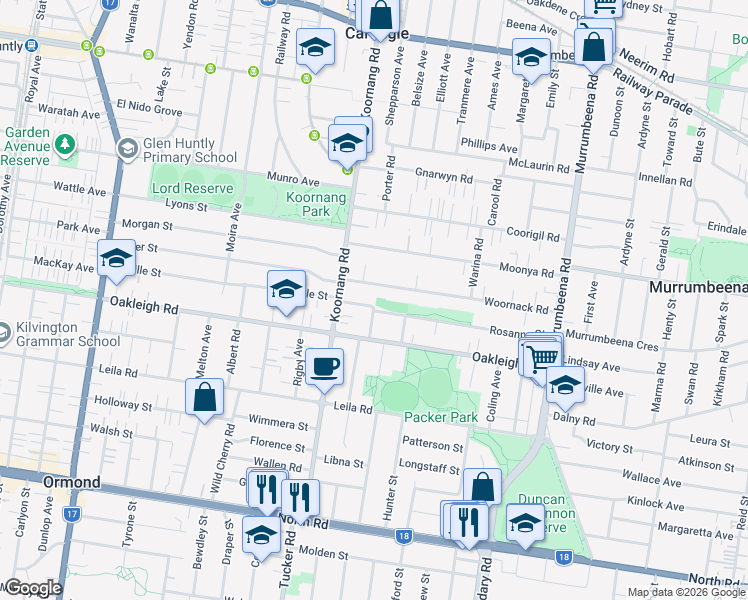 map of restaurants, bars, coffee shops, grocery stores, and more near 9 Rosanna Street in Carnegie
