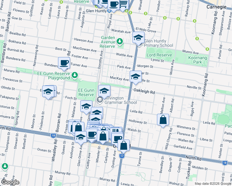 map of restaurants, bars, coffee shops, grocery stores, and more near 63 Ulupna Road in Ormond