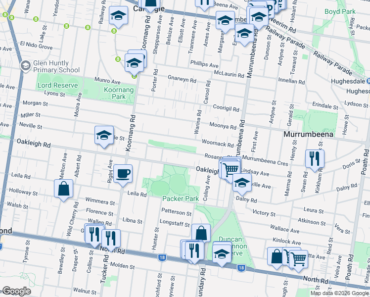 map of restaurants, bars, coffee shops, grocery stores, and more near 24 Rosanna Street in Carnegie
