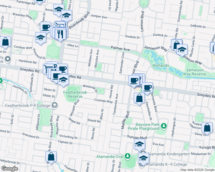 map of restaurants, bars, coffee shops, grocery stores, and more near 15 Cloudy Crescent in Point Cook