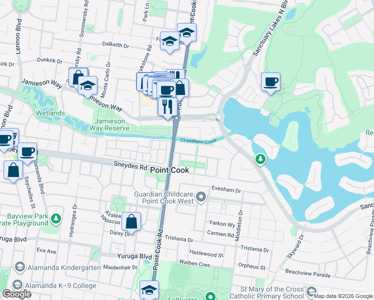 map of restaurants, bars, coffee shops, grocery stores, and more near 11 Middle Park Drive in Point Cook