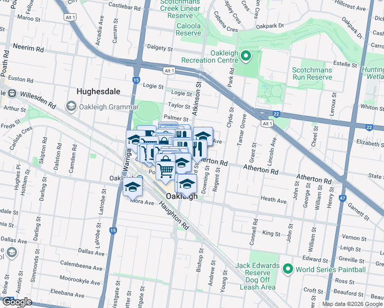 map of restaurants, bars, coffee shops, grocery stores, and more near 65 Atherton Road in Oakleigh