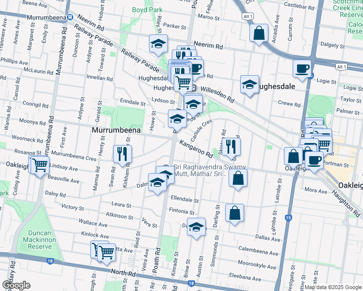 map of restaurants, bars, coffee shops, grocery stores, and more near 102 Kangaroo Road in Hughesdale