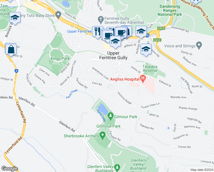 map of restaurants, bars, coffee shops, grocery stores, and more near 25 Fern Road in Upper Ferntree Gully