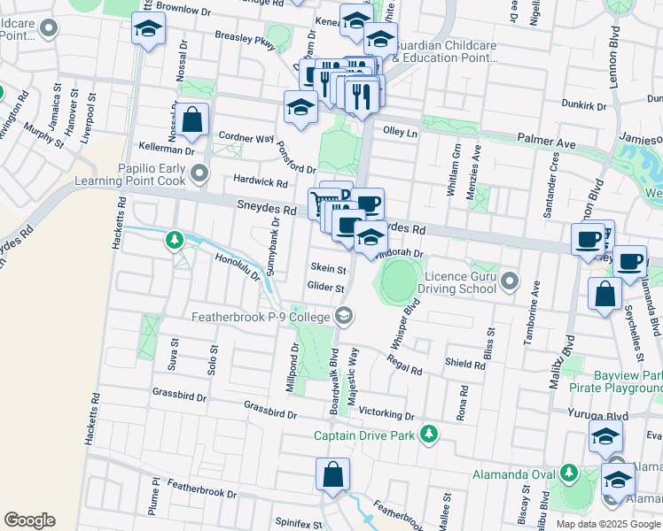 map of restaurants, bars, coffee shops, grocery stores, and more near 8 Skein Street in Point Cook