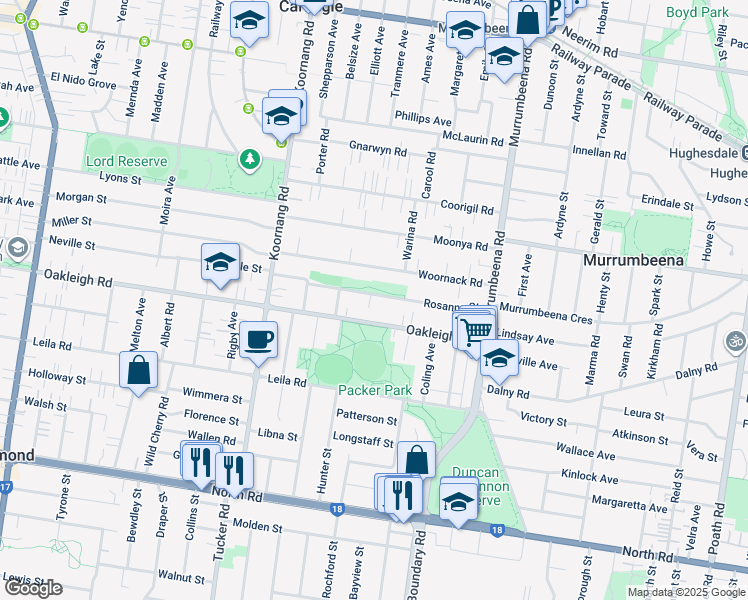 map of restaurants, bars, coffee shops, grocery stores, and more near 24 Rosanna Street in Carnegie