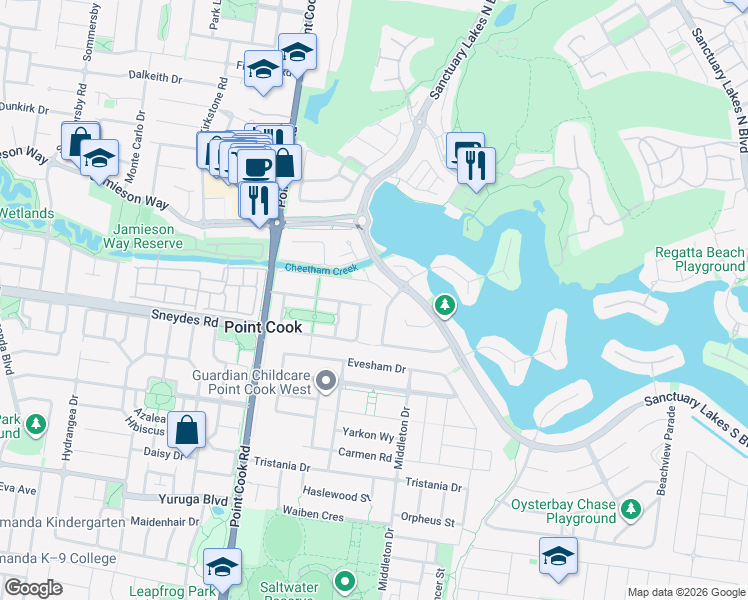 map of restaurants, bars, coffee shops, grocery stores, and more near 49 Middle Park Drive in Point Cook