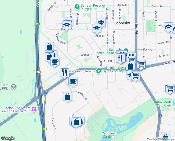 map of restaurants, bars, coffee shops, grocery stores, and more near 1280 Ferntree Gully Road in Scoresby