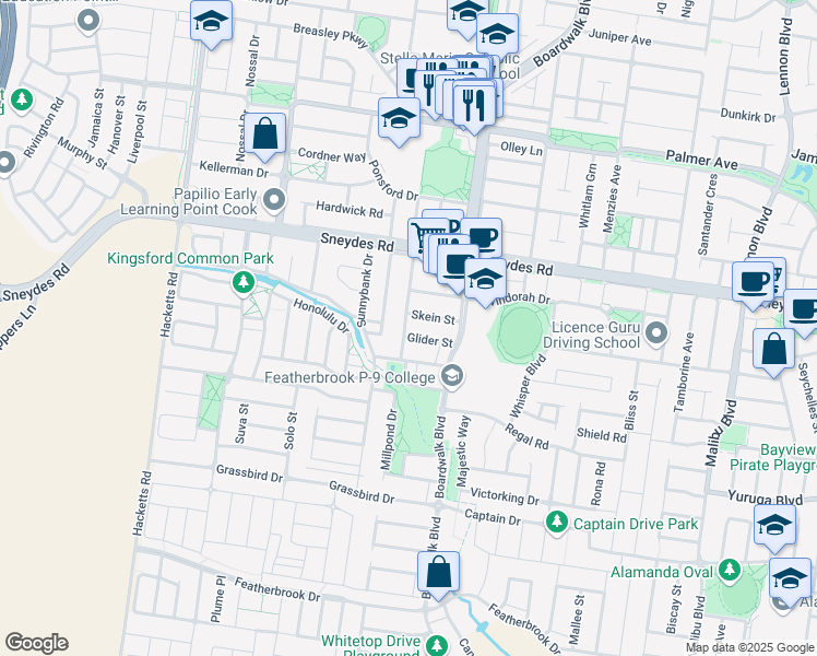 map of restaurants, bars, coffee shops, grocery stores, and more near 8 Windrest Way in Point Cook