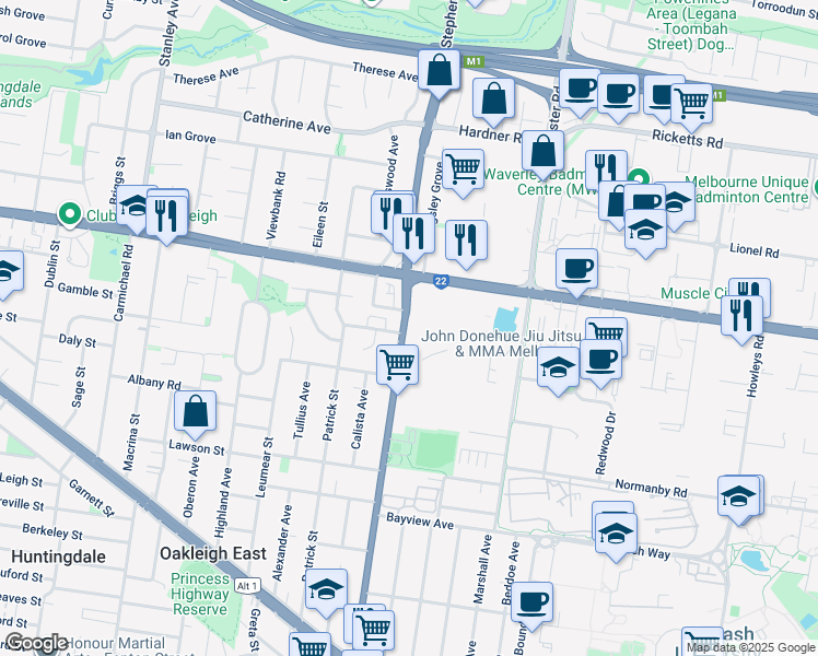 map of restaurants, bars, coffee shops, grocery stores, and more near 28 Clayton Road in Clayton