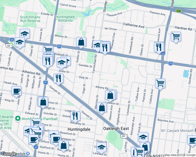 map of restaurants, bars, coffee shops, grocery stores, and more near 41 Macrina Street in Oakleigh East