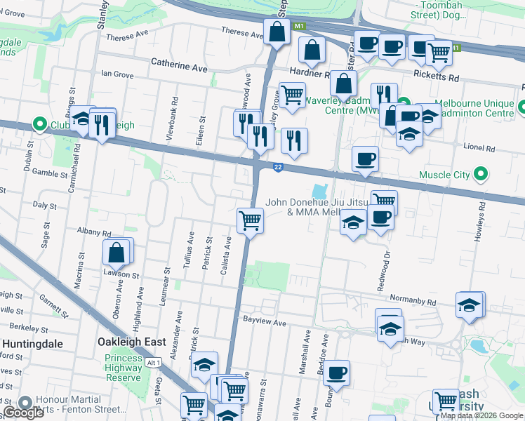 map of restaurants, bars, coffee shops, grocery stores, and more near 28 Clayton Road in Clayton