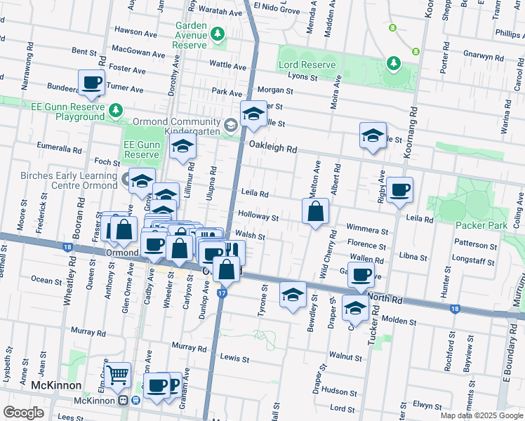 map of restaurants, bars, coffee shops, grocery stores, and more near 13 Holloway Street in Ormond