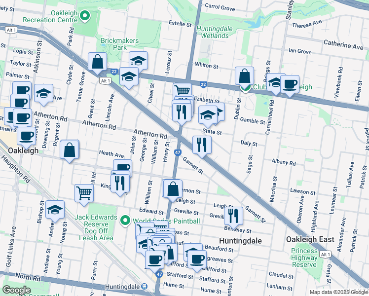 map of restaurants, bars, coffee shops, grocery stores, and more near 1554-1556 Dandenong Road in Huntingdale