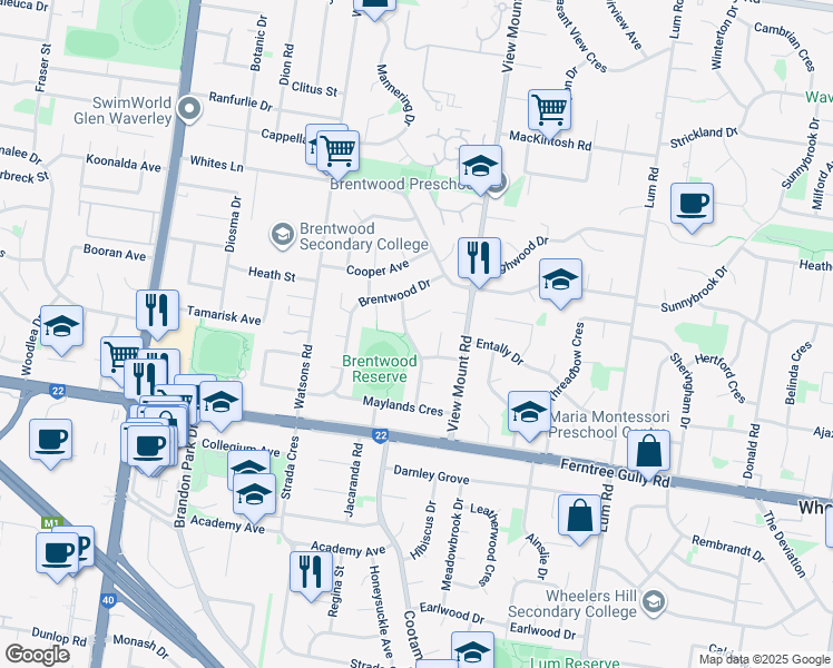 map of restaurants, bars, coffee shops, grocery stores, and more near 6 Swift Drive in Glen Waverley