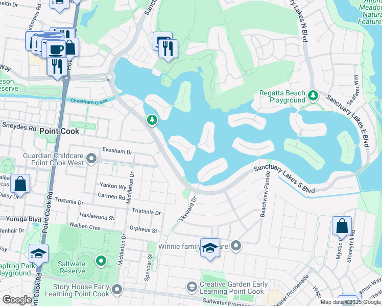 map of restaurants, bars, coffee shops, grocery stores, and more near 2 Waterford Court in Point Cook