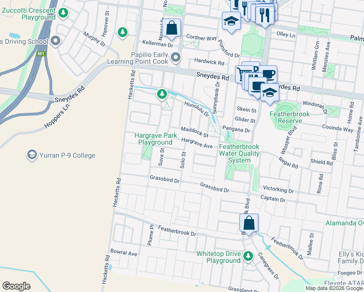 map of restaurants, bars, coffee shops, grocery stores, and more near 8 Solo Street in Point Cook