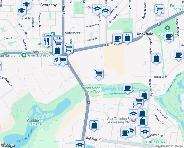 map of restaurants, bars, coffee shops, grocery stores, and more near 3 Kingston Park Court in Knoxfield
