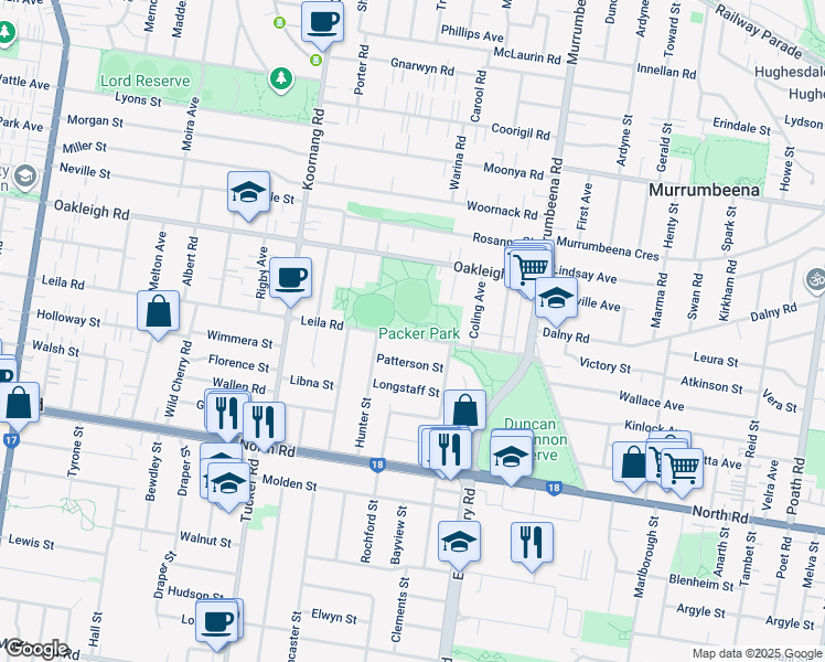 map of restaurants, bars, coffee shops, grocery stores, and more near 120 Leila Road in Carnegie