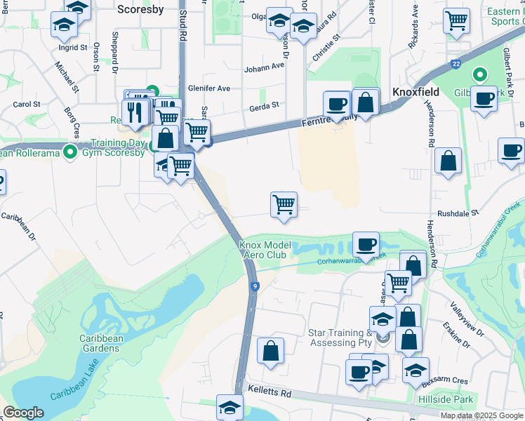 map of restaurants, bars, coffee shops, grocery stores, and more near 3 Kingston Park Court in Knoxfield