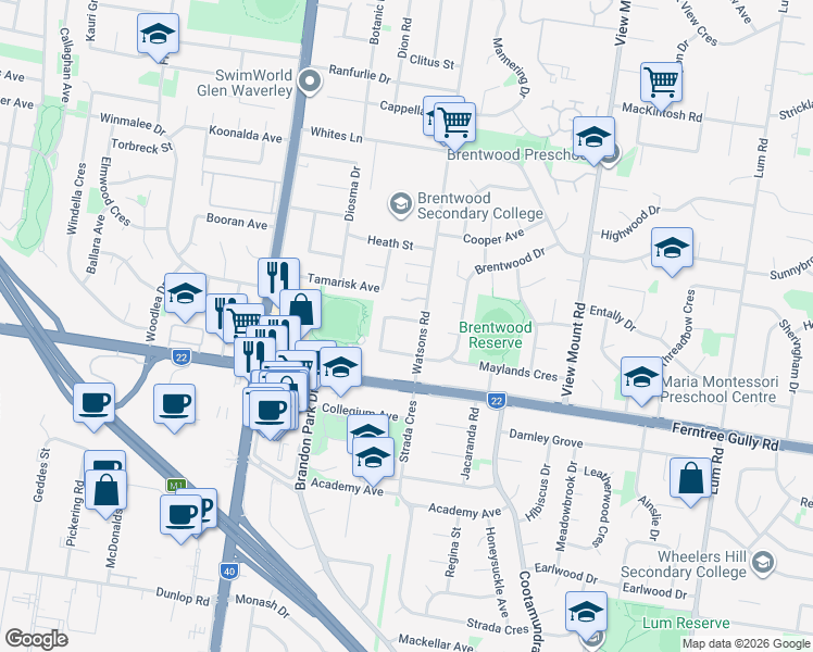 map of restaurants, bars, coffee shops, grocery stores, and more near 2 Hampstead Crescent in Glen Waverley