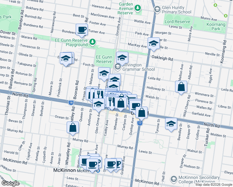 map of restaurants, bars, coffee shops, grocery stores, and more near 1 Walsh Street in Ormond