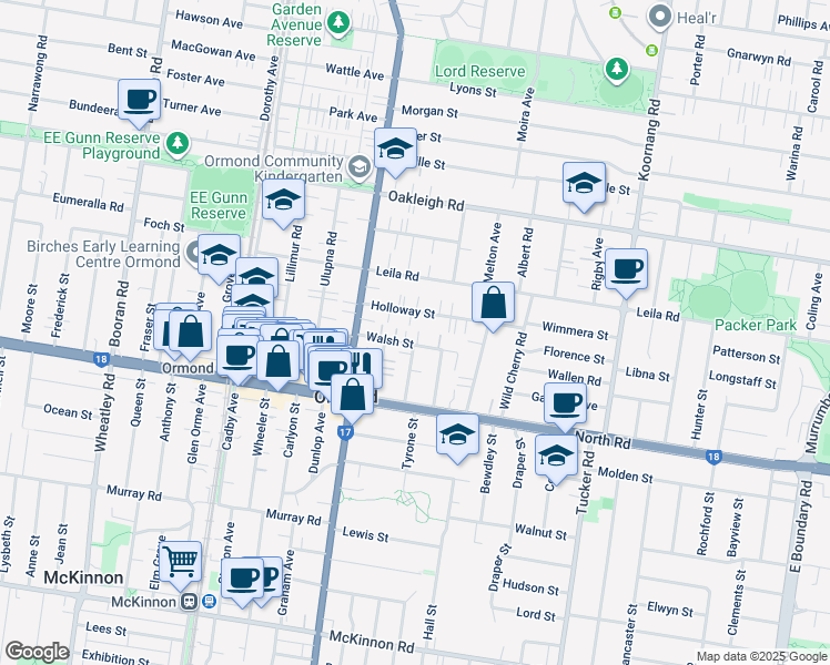 map of restaurants, bars, coffee shops, grocery stores, and more near 22 Walsh Street in Ormond