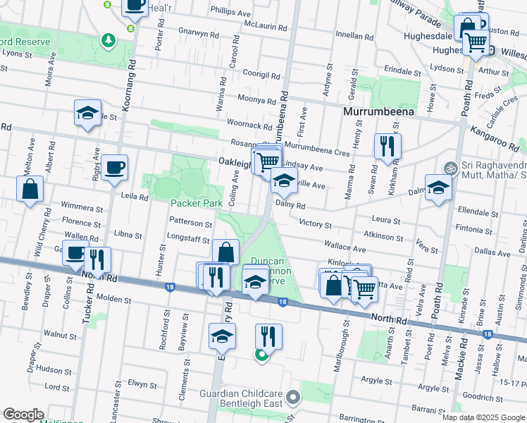 map of restaurants, bars, coffee shops, grocery stores, and more near 164 Leila Road in Murrumbeena