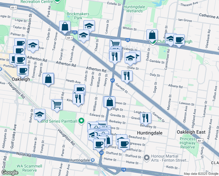 map of restaurants, bars, coffee shops, grocery stores, and more near 201 Huntingdale Road in Oakleigh