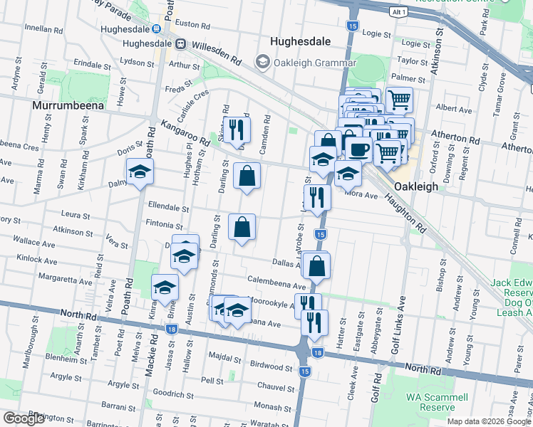 map of restaurants, bars, coffee shops, grocery stores, and more near 26 Bowen Street in Hughesdale