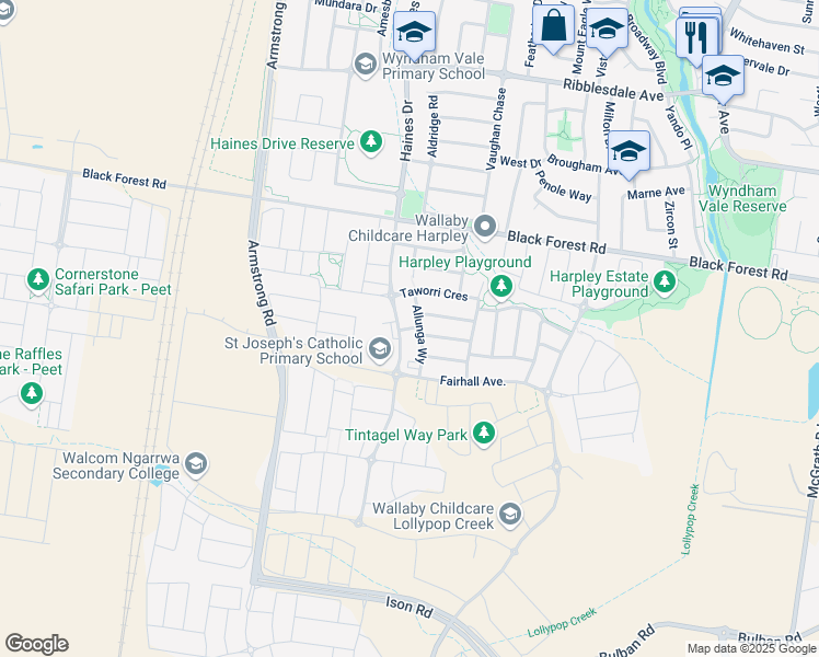 map of restaurants, bars, coffee shops, grocery stores, and more near Nalara Street in Werribee