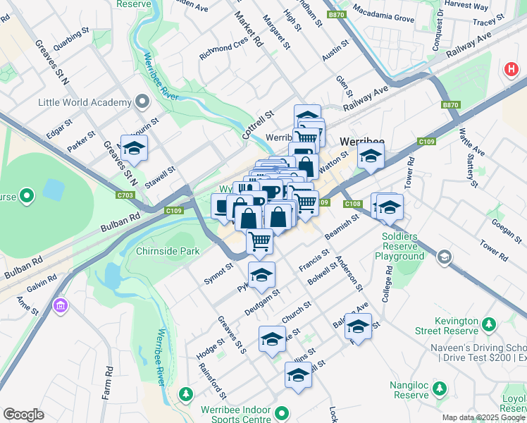 map of restaurants, bars, coffee shops, grocery stores, and more near Watton Street in Werribee