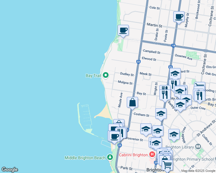 map of restaurants, bars, coffee shops, grocery stores, and more near 3 Bay Street in Brighton
