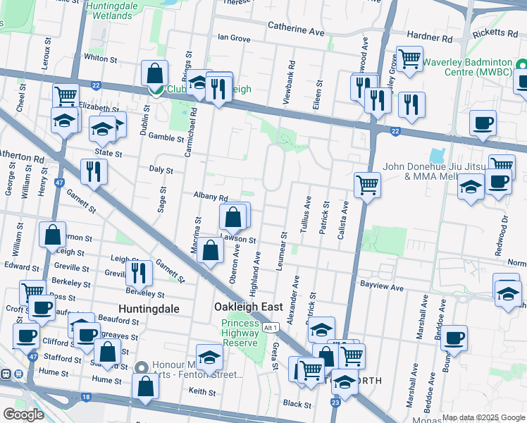 map of restaurants, bars, coffee shops, grocery stores, and more near Highland Avenue in Oakleigh East