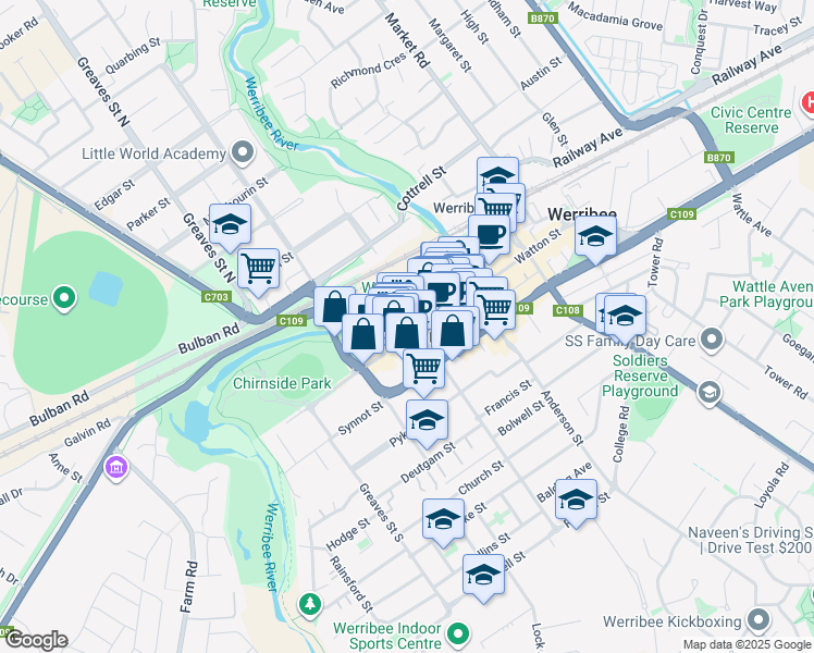 map of restaurants, bars, coffee shops, grocery stores, and more near 92 Watton Street in Werribee