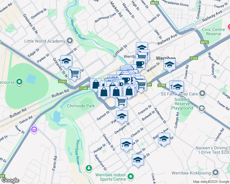 map of restaurants, bars, coffee shops, grocery stores, and more near 98 Watton Street in Werribee