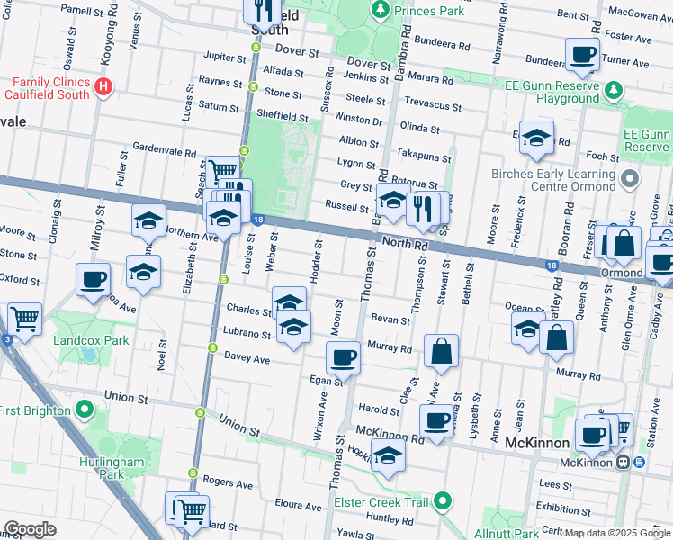 map of restaurants, bars, coffee shops, grocery stores, and more near 13 Beltane Avenue in Brighton East