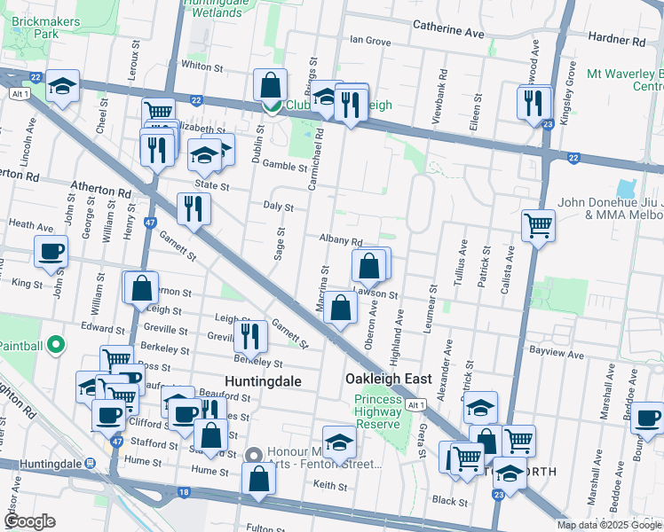 map of restaurants, bars, coffee shops, grocery stores, and more near 68 Macrina Street in Oakleigh East