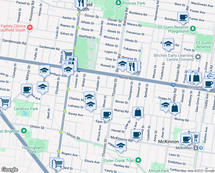 map of restaurants, bars, coffee shops, grocery stores, and more near 13 Beltane Avenue in Brighton East