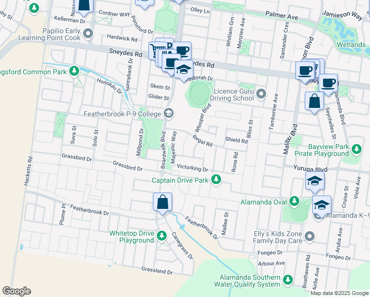 map of restaurants, bars, coffee shops, grocery stores, and more near 15 Duchess Court in Point Cook